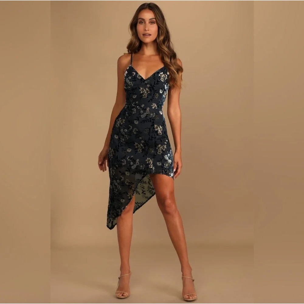 Lulus Evenings with You Whimsigoth Velvet Burnout Floral Slip Dress Blue XL